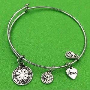 🌼 4 Leaf Clover Lucky Silver Charm Expandable Look Hook Bangle Bracelet